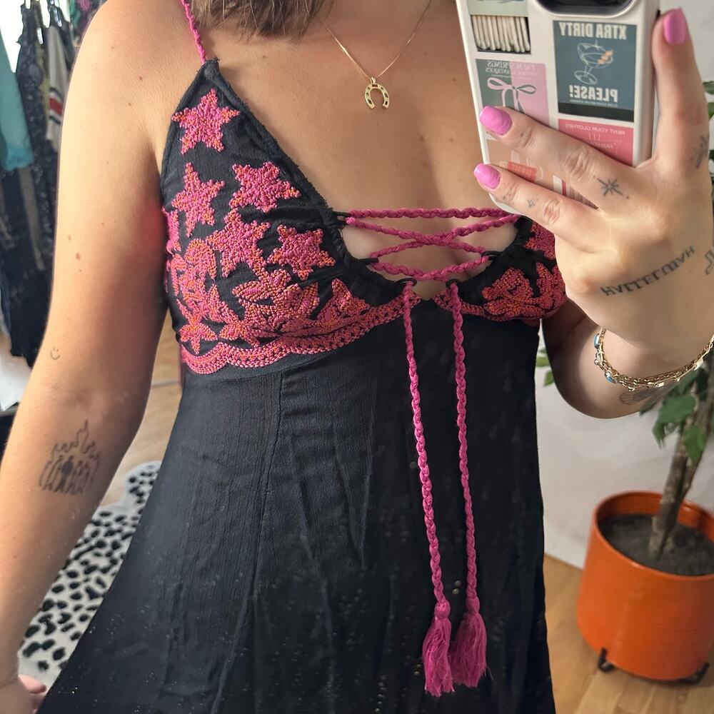 Free People Cecelia Embroidered Boho Slip Dress Black Pink Size XS - Picture 6 of 6